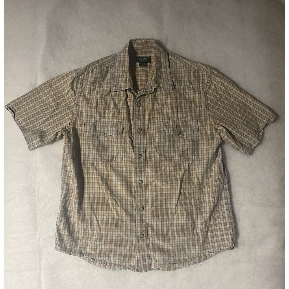 Eddie Bauer Mens Large Plaid Pearl Snap Button Up Shirt 100% Cotton